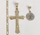 Plated Cross and Saint Benedict 3mm Figaro Chain Necklace