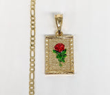 Plated Rose Flower 3mm Figaro Chain Necklace