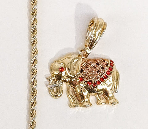 Plated Tri-Gold Elephant Pendant and Rope/Braided Chain Set