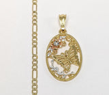 Plated Tri-Gold Butterfly 4mm Figaro Chain Necklace