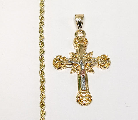 Plated Tri-Gold Cross 3mm Rope/Braided Chain Necklace