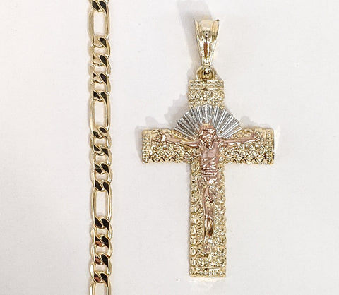 Plated Tri-Color Cross 5mm Figaro Chain Necklace