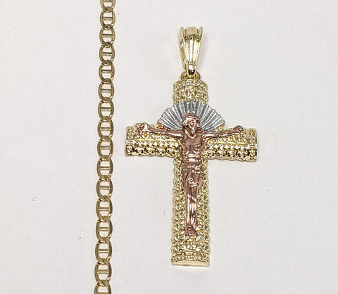 Plated Tri-Color Cross 4mm Mariner Anchor Chain Necklace