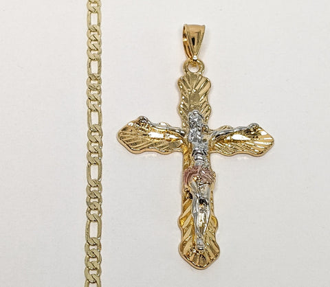 Plated Tri-Color Cross 3mm Figaro Chain Necklace