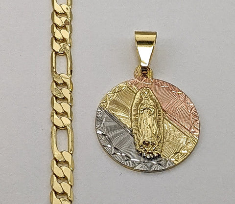 Plated Tri-Color Virgin Mary 5mm Figaro Chain Necklace