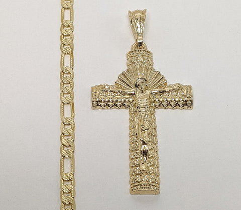 Plated Cross 4mm 14K Diamond Figaro Chain Necklace