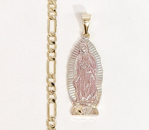 Plated Tri-Gold Virgin Mary 4mm Figaro Chain Necklace