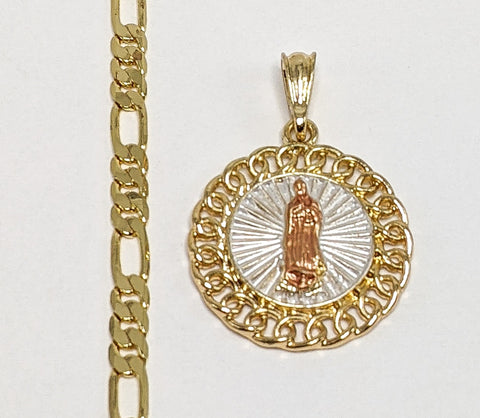 Plated Tri-Color Virgin Mary 5mm Figaro Chain Necklace