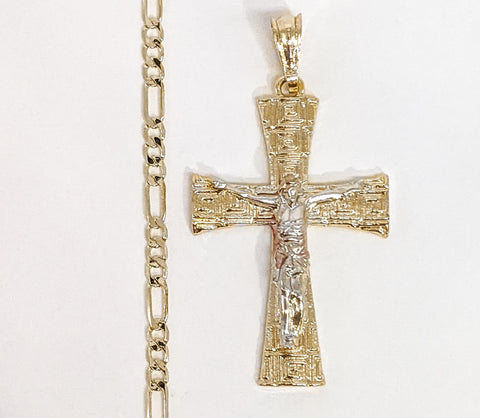 Plated Tri-Gold Cross 4mm Figaro Chain Necklace