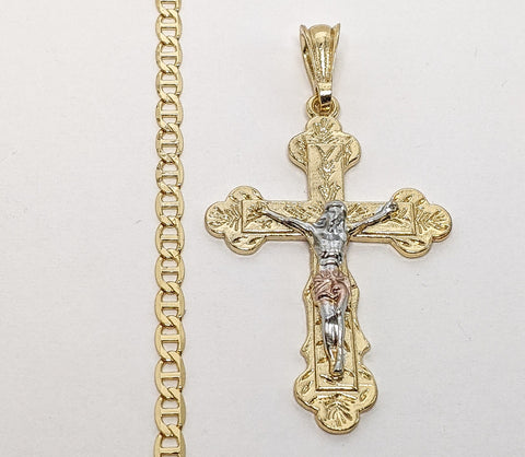 Plated Tri-Gold Cross 4mm Mariner Anchor Chain Necklace