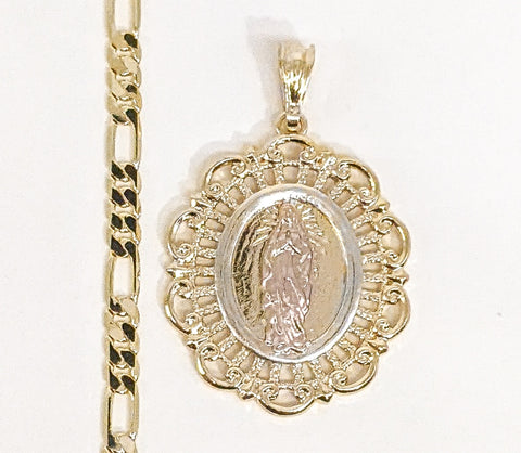 Plated Tri-Gold Virgin Mary 5mm Figaro Chain Necklace