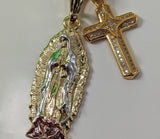 Plated Tri-Color Virgin Mary and Cross 3mm 22" Figaro Chain Necklace*