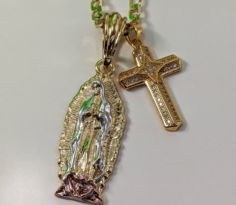 Plated Tri-Color Virgin Mary and Cross 4mm 18" Figaro Chain Necklace*