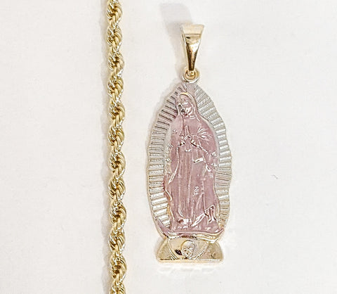 Plated Tri-Gold Virgin Mary 3mm Rope/Braided Chain Necklace