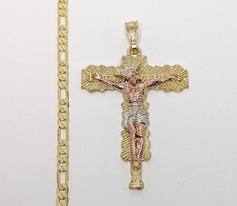 Plated Tri-Gold Cross 4mm 14K Diamond Figaro Chain Necklace