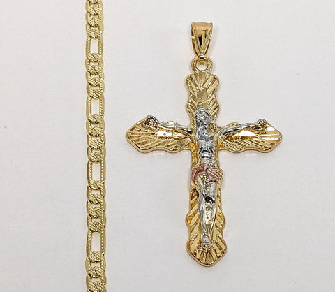 Plated Tri-Color Cross 4mm 14K Diamond Figaro Chain Necklace