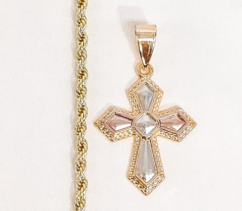 Plated Tri-Gold Cross 3mm Rope/Braided Chain Necklace