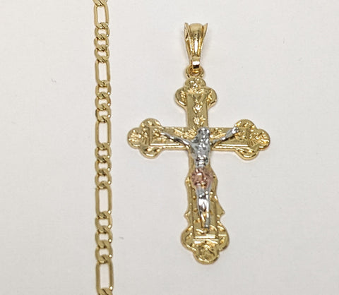 Plated Tri-Gold Cross 4mm Figaro Chain Necklace