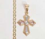 Plated Tri-Gold Cross 4mm Mariner Anchor Chain Necklace