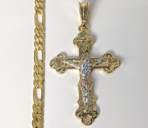 Plated Tri-Gold Cross 5mm Figaro Chain Necklace