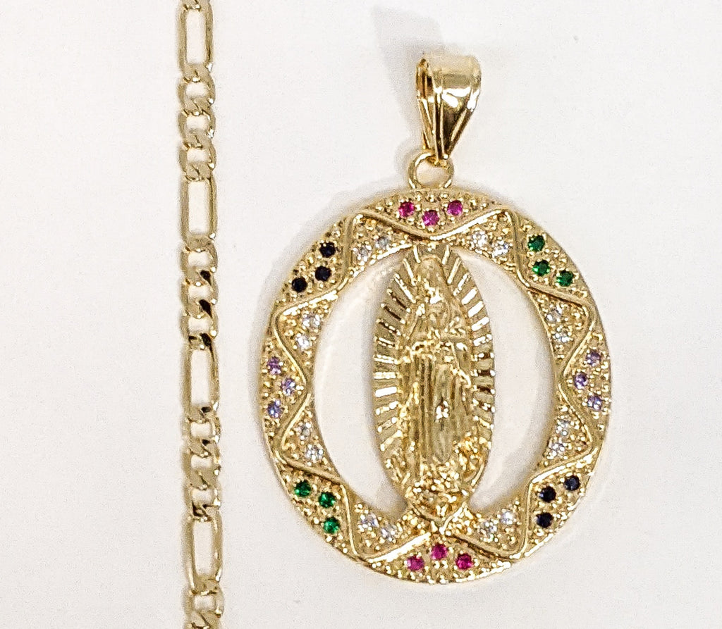 Child's Textured Frame Virgin Mary Medallion Pendant in 14K Gold – 15