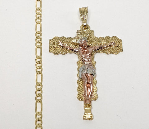 Plated Tri-Gold Cross 4mm Figaro Chain Necklace