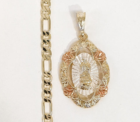 Plated Tri-Gold Virgin Mary 5mm Figaro Chain Necklace