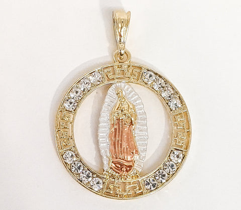 Plated Tri-Gold Round Virgin Mary Pendant