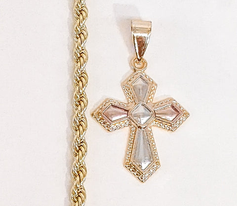 Plated Tri-Gold Cross Rope/Braided 4mm Chain Necklace