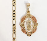 Plated Tri-Gold Virgin Mary 5mm Figaro Chain Necklace