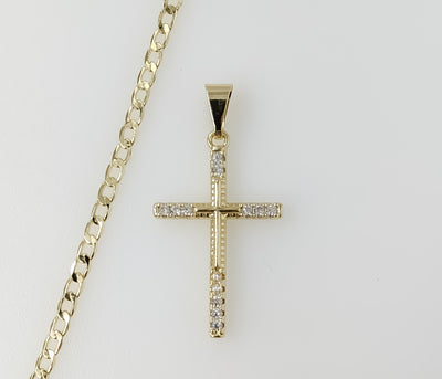 Plated Small Cross 14K 3mm Cuban Chain Necklace
