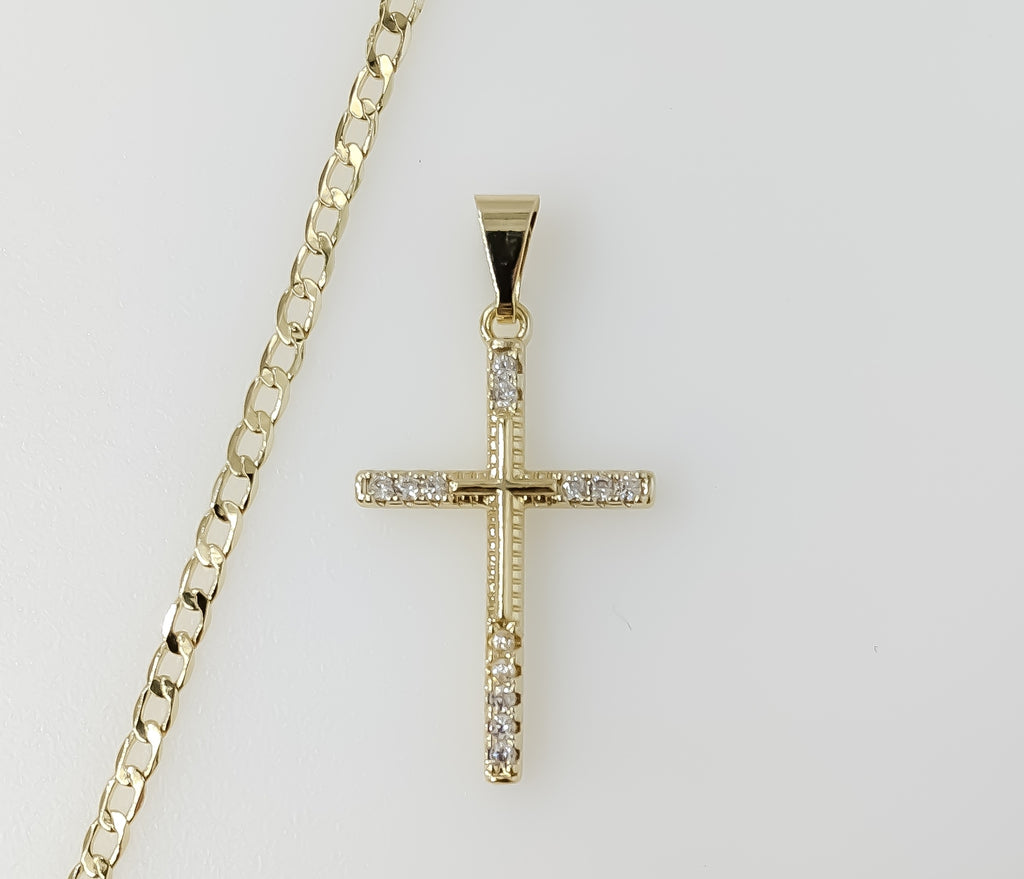 Plated Small Cross 14K 3mm Cuban Chain Necklace
