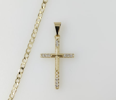 Plated Small Cross 14K 3mm Cuban Chain Necklace