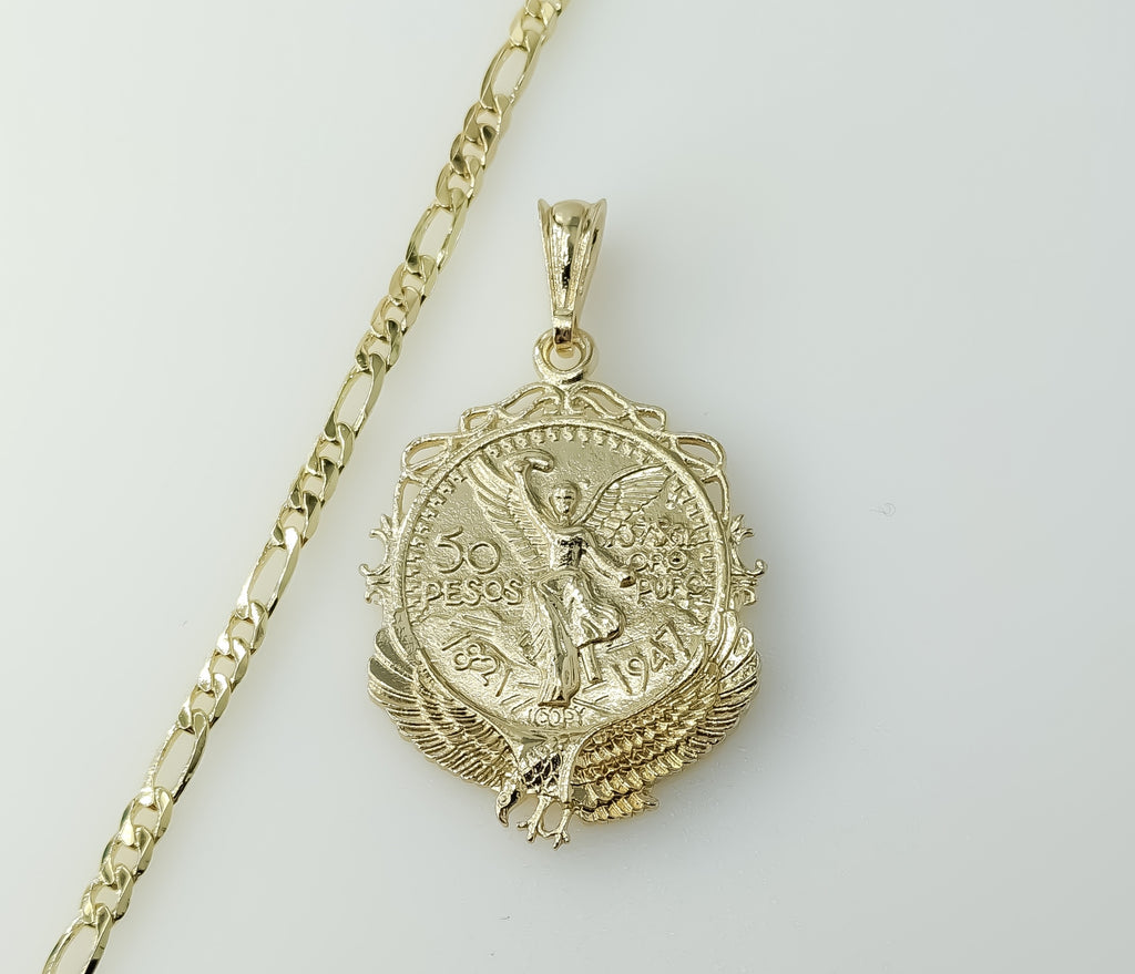 Mexican Centenario style gold plated figaro chain necklace with 4mm links. 
Gold plated chain necklace featuring classic