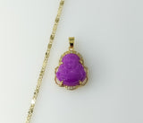 Gold plated chain necklace featuring a small Buddha pendant and star design.
Solid gold plated Buddha pendant dangling