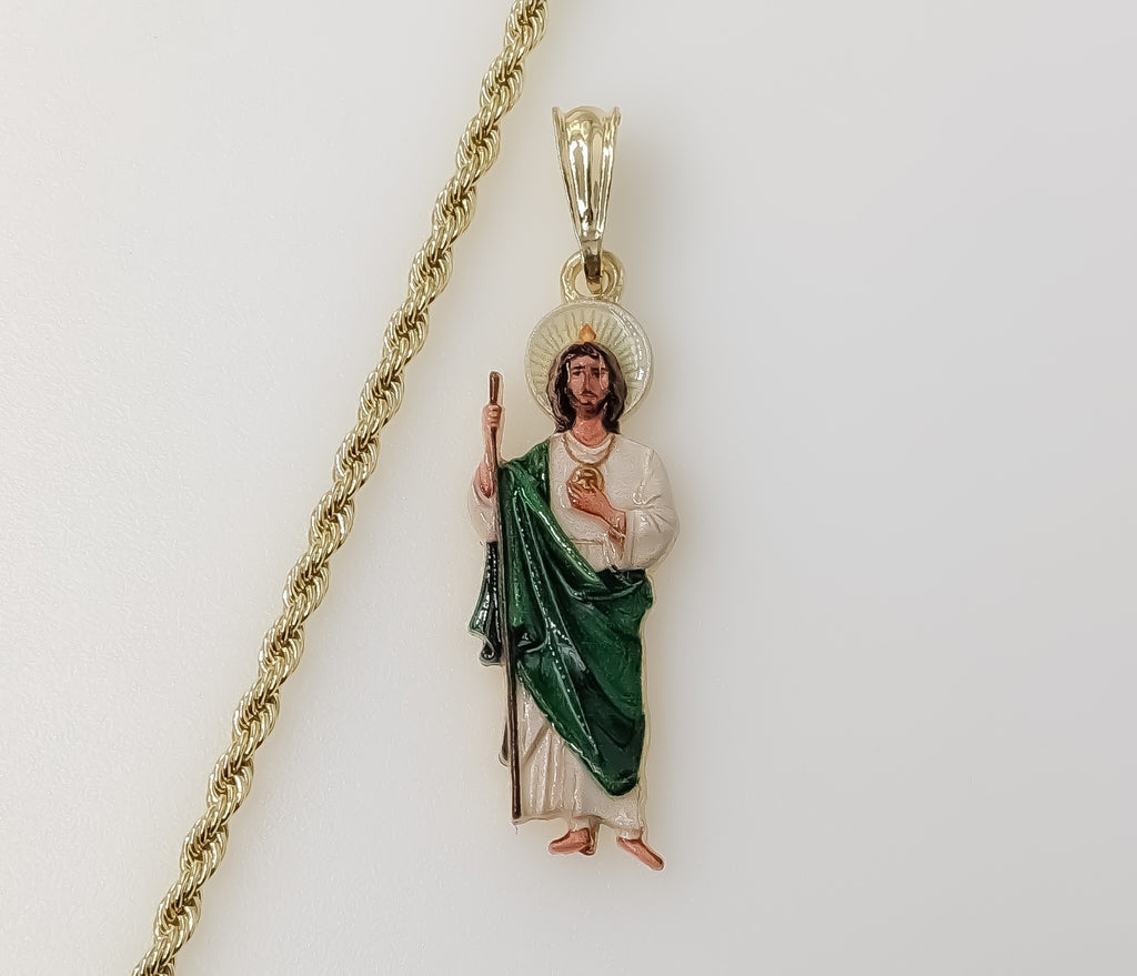 Trendy St Jude Catholic Pendant Small Green Plated 3mm Rope Braided Chain