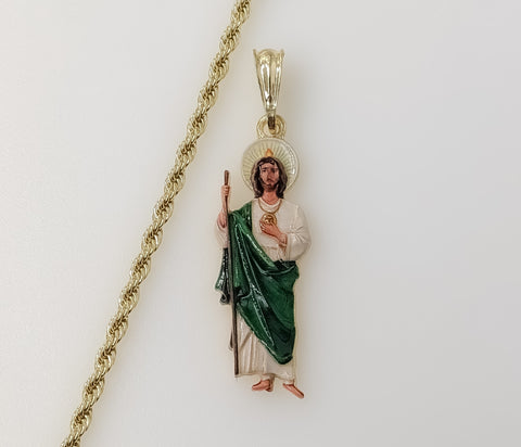 Trendy St Jude Catholic Pendant Small Green Plated 3mm Rope Braided Chain