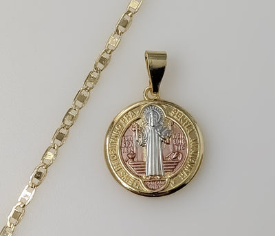 Religious Necklace Saint Benedict Tri-Color Medallion 25mm Pendant Golden Plated 3mm Flat Mariner Anchor