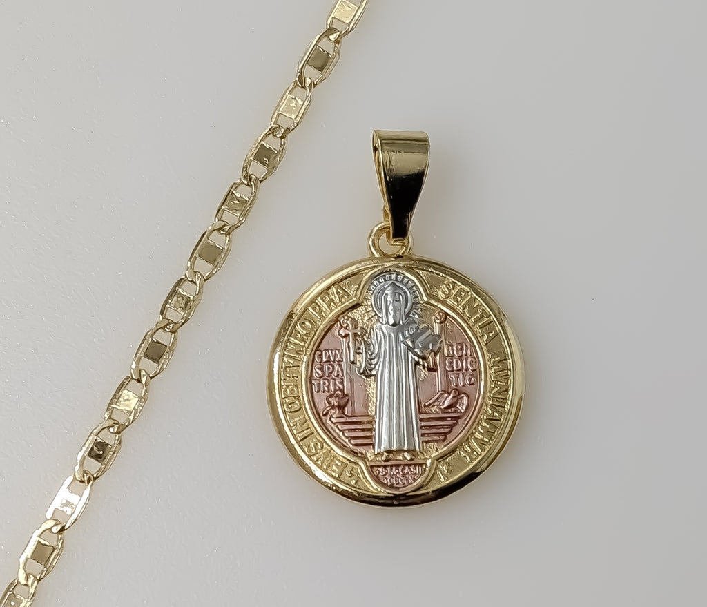 Gold plated Saint Benedict medal pendant on a mariner anchor chain necklace.

Gold plated tri-color Saint Benedict medal