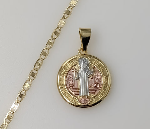 Gold plated Saint Benedict medal pendant on a mariner anchor chain necklace.

Gold plated tri-color Saint Benedict medal