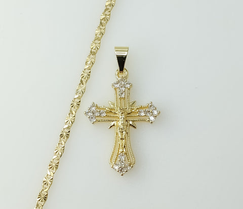 Gold Plated Small Cross Jesus Crucifix Pendant on a 3mm Star Chain Necklace.