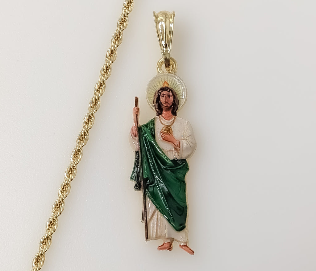 St Jude Pendant Small Green Plated 2mm Rope Braided Gift for Man & Woman