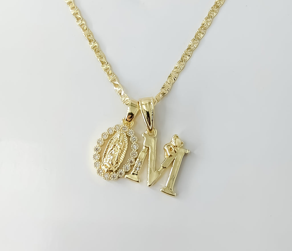 Plated Dainty Letter "M" Virgin Mary Double Pendants 2.5mm Star Chain Necklace