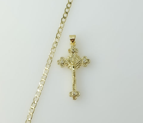 14K gold plated Cuban chain necklace featuring a small cross pendant on a 3mm chain. 
Gold plated Cuban link chain neckl