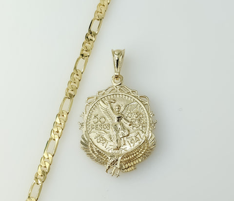 Gold plated Mexican Centenario 5mm figaro chain double sided necklace.

Gold plated Mexican Centenario double sided 5mm