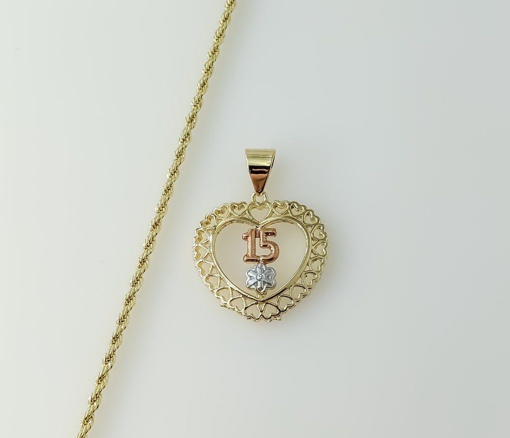Gold plated tri-color heart shaped necklace with braided chain and rope detail.

Gold plated tri-color heart pendant nec