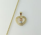 Gold plated tri-color heart shaped necklace with braided chain and rope detail.

Gold plated tri-color heart pendant nec