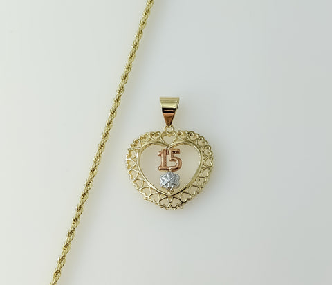 Gold plated tri-color heart shaped necklace with braided chain and rope detail.

Gold plated tri-color heart pendant nec