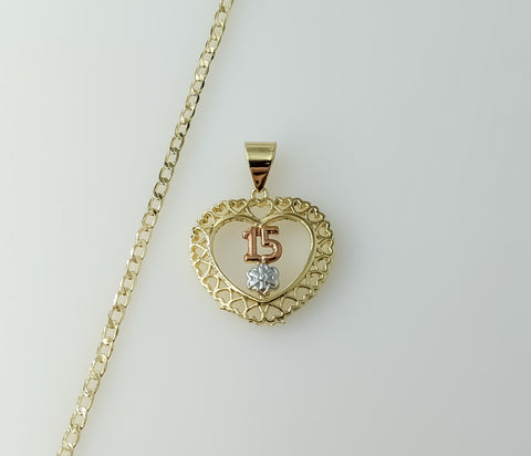 Tri-color plated 14K gold 3mm Cuban chain necklace with a heart charm.