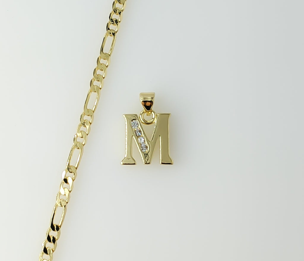 Plated Dainty Letter "M" 3mm Figaro Chain Necklace
